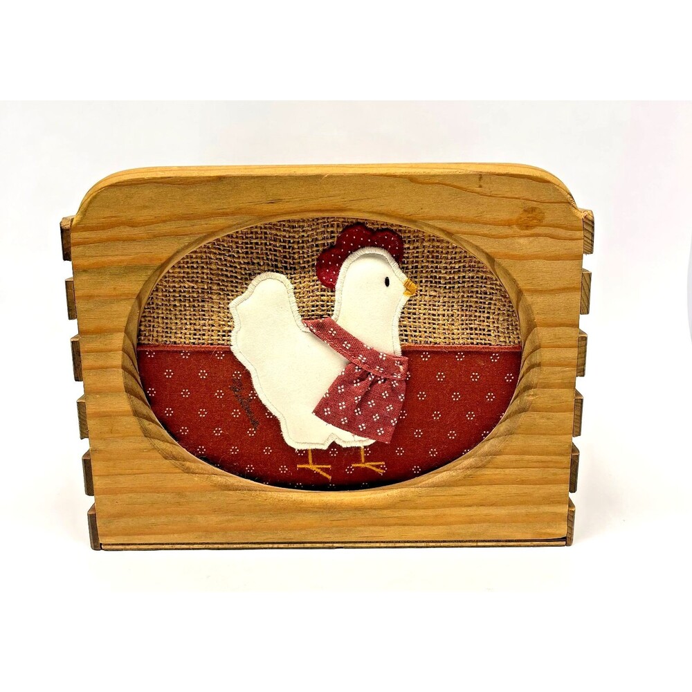 Vintage 1986 Valorie Folk Art Applique Wooden Basket Crate Quilted Chicken - Hen